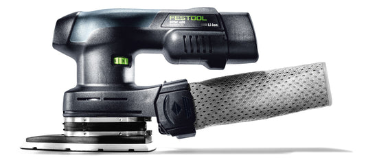 Festool DTSC 400 Akku-Deltaschleifer mit 18V Akkupack, Schleifschuh und Schleifmittel in Seitenansicht