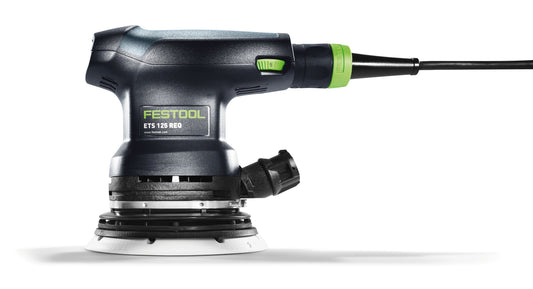 Festool ETS 125 REQ Exzenterschleifer mit 125 mm Schleifteller, grünem Drehzahlregler und Absaugschlauch, Seitenansicht