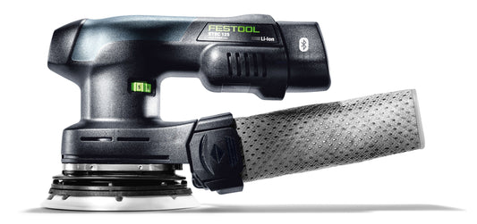 Festool ETSC 125 Akku-Exzenterschleifer mit 125 mm Schleifteller, Griff und Absaugschlauch, Seitenansicht.
