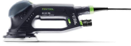 Festool ROTEX RO 125 FEQ Getriebe-Exzenterschleifer Seitenansicht mit FastFix Schleifteller und Absaugschlauch