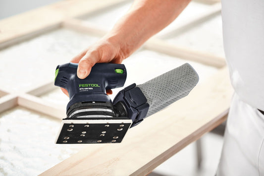Festool RTS 400 REQ Einhand-Rutscher beim Schleifen von Holz mit Schleifschuh und Schleifmittel