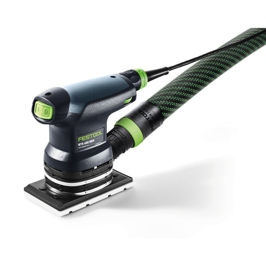 Festool RTS 400 REQ-Plus Einhand-Schwingschleifer mit grünem Absaugschlauch und StickFix Schleifschuh