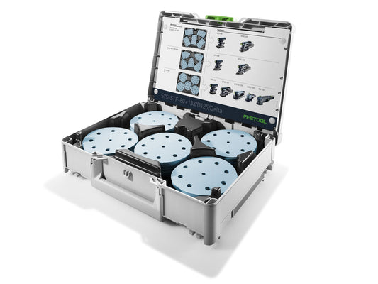 Festool Systainer³ SYS-STF-80x133/D125/Delta Schleifmittel Systainer geöffnet mit sortierten Schleifscheiben