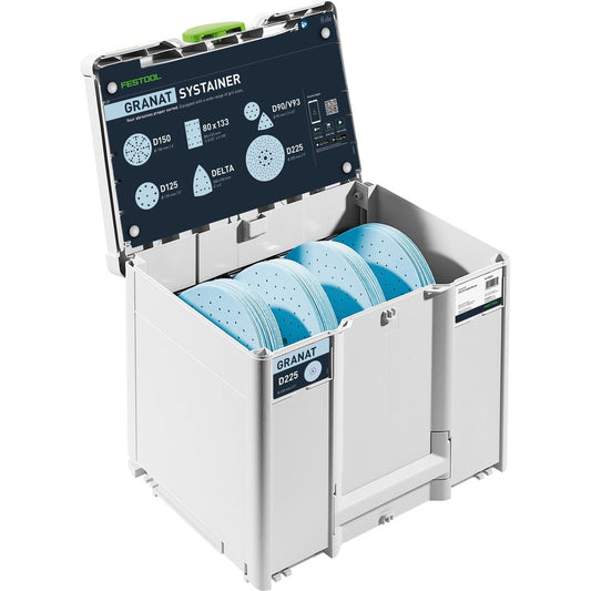 Festool Schleifmittel-Systainer³ Granat D225 mit blauen Schleifscheiben und offener Deckelübersicht