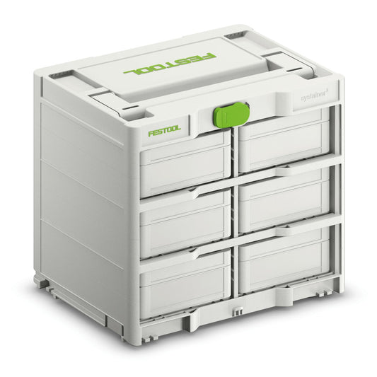 Festool Systainer³ Rack SYS3-RK/6 M 337 mit 6 Mini-Systainern, weißes Ordnungssystem mit grünem Verschluss