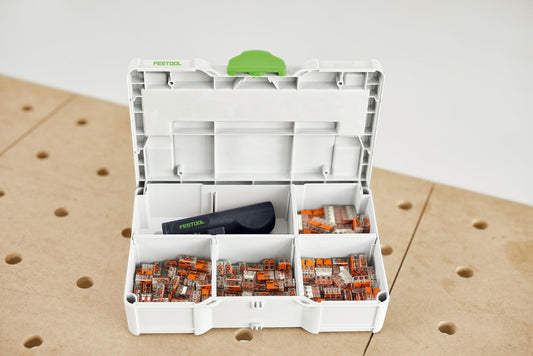 Festool SYS3 S 76-WAGO-Set geöffnet mit 175 Wago 221 Verbindungsklemmen, Spannungsprüfer und Kabelentmantler im Systainer.