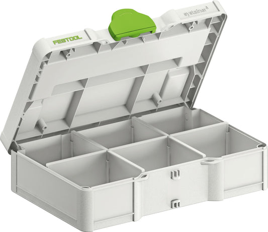 Festool Systainer³ SYS3 S 76 Aufbewahrungsbox mit grünem Deckel und Trennstegen, geöffnete Ansicht
