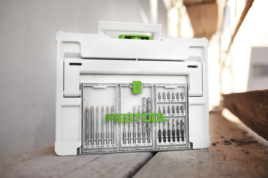 Festool Bohrerkassette BKS SYS3 D3-8 K CE/W geöffnet mit Holzbohrern und Bits in Systainer, weiße Kunststoffbox mit grünem