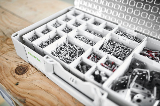 Festool Systainer³ Organizer mit Einsatzboxen gefüllt mit Schrauben, Dübeln und Kleinteilen