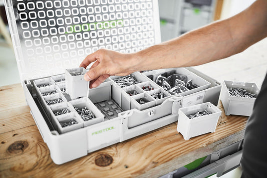 Festool Einsatzboxen Box 50x100x68/10 mit Organizer und Kleinteilen, Hand entnimmt Box aus Systainer³