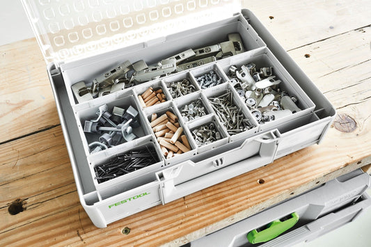 Festool Einsatzboxen Box 100x350x68/2 gefüllt mit Schrauben, Dübeln und Kleinteilen im Systainer Organizer.