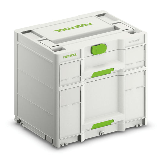 Festool Sortainer³ SYS3-SORT/2 M 337 Schubladen-Systainer mit zwei Frontschubladen und grünen Griffen, Frontansicht.
