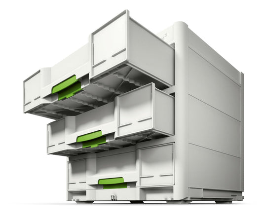 Festool Sortainer³ SYS3-SORT/3 M 337 mit drei offenen Schubladen und grünen Griffen, Systainer-Turm.