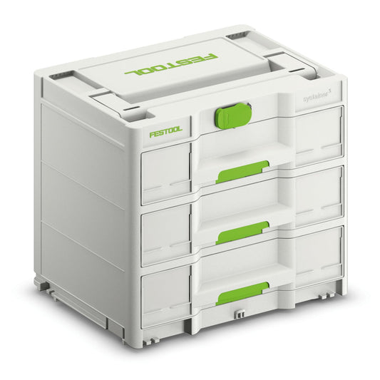 Festool Sortainer³ SYS3-SORT/3 M 337 mit vier Schubladen und grünen Griffen, Vorderansicht.