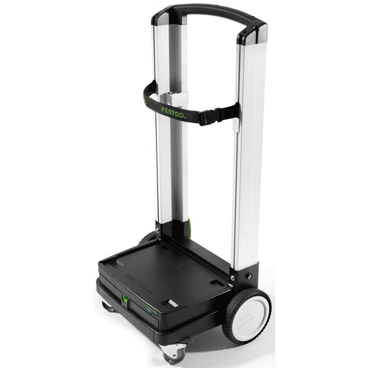 Festool SYS-Roll 100 Transportwagen mit Sackkarrenfunktion, Systainer-Halterung und Sicherheitsgurt.