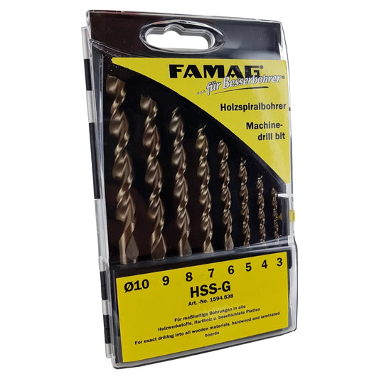 FAMAG Holzspiralbohrersatz in Kunststoffbox 8-teilig Ø 10, 9, 8, 7, 6, 5, 4, 3 mm