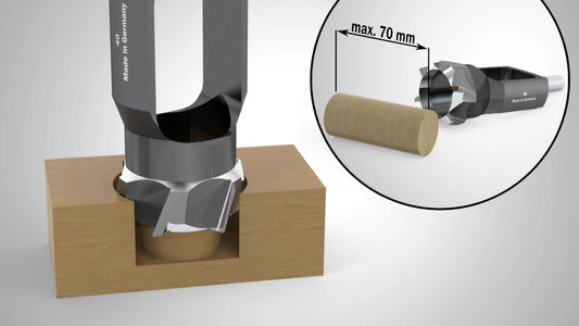FAMAG Scheibenschneider WS Veranschaulichung der Anwendung mit Hinweis aus maximale Nutzlänge von 70 mm