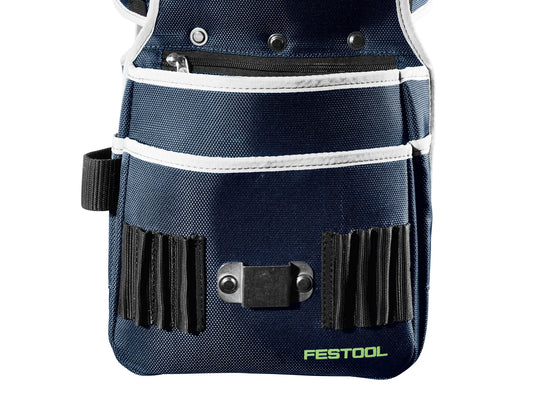 Festool Werkzeuggürtel TB-FT1 Frontansicht mit Aufbewahrungsfächern, Schultergurt und Metall-Befestigungselementen.