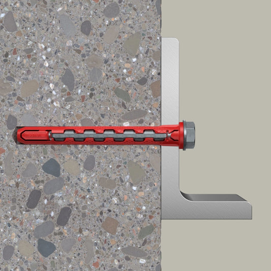 fischer HybridPower Anwendung Dübel mit Sechskantschraube im Beton mit Stahlanbauteil