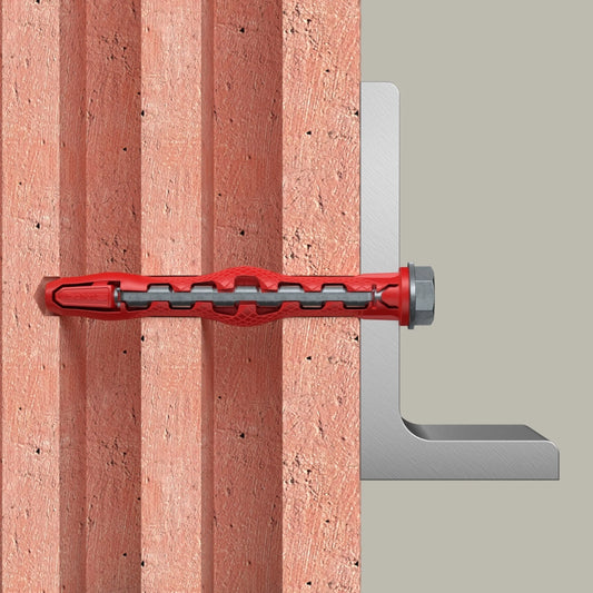 fischer HybridPower Anwendung Dübel mit Sechskantschraube im Ziegel mit Stahlanbauteil
