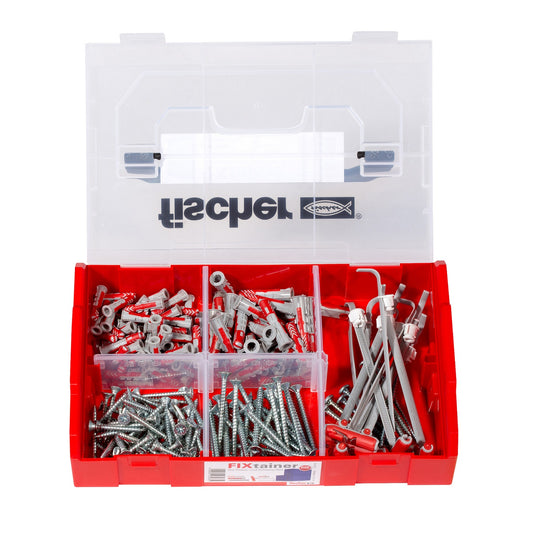 geöffneter fischer FixTainer – übersichtlich sortierte Schrauben, Dübel und Kippbefestigungen