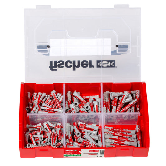 fischer L-BOXX Mini DuoPower – geöffnete Sortimentsbox mit Dübeln