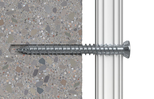 fischer Fensterrahmenschraube FFS mit Flachkopf in Beton- und Ziegelmauerwerk montiert, Anwendungsbeispiel.
