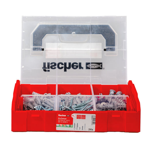 fischer FixTainer geöffnet – übersichtliche Sortierung von Dübeln und Schrauben