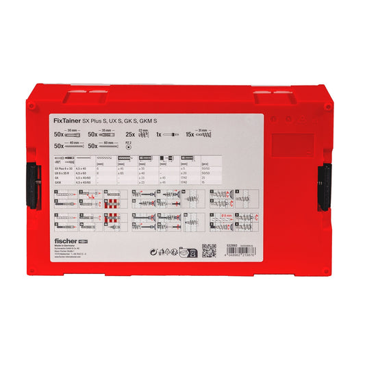 Rückseite der fischer FixTainer Box mit Montagehinweisen und Inhaltübersicht