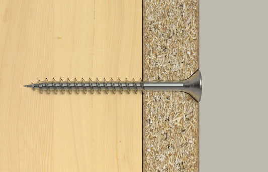 fischer Spanplattenschraube ClassicFast FSP II CZP BC verschraubt zwei Holzwerkstoffe – ideal für kraftvolle, splitterfreie Verschraubung in Spanplatte und Vollholz.