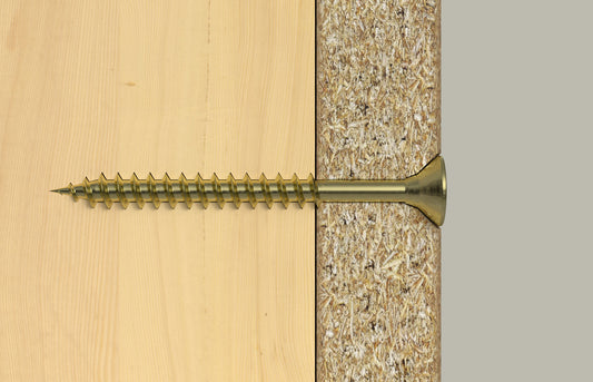 fischer Spanplattenschraube ClassicFast FSP II CZP YC verbindet Holz mit Spanplatte, gelb verzinkt, tief versenkt für festen Halt im Innenausbau.