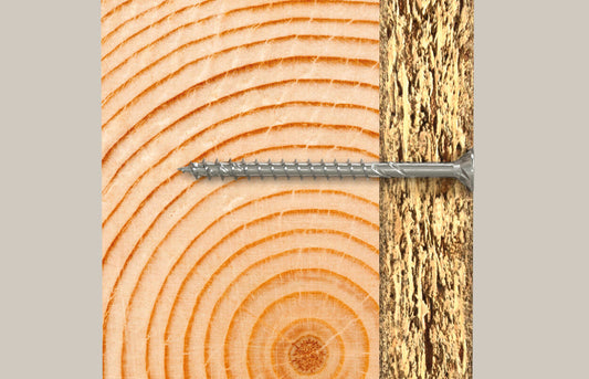 fischer Spanplattenschraube PowerFast FPF II CT25P BC verbindet frisches Bauholz mit sägerauem Holz, ideal für schnelle Montage mit hoher Haltekraft im Holzbau.