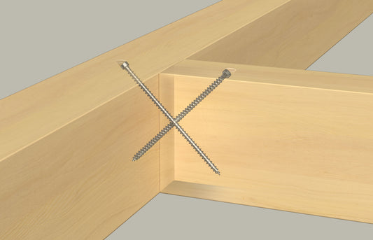 Holzverbindung mit fischer Vollgewindeschrauben PowerFull II CHTF BC – diagonale Verschraubung zweier Holzbalken für maximale Stabilität im Holzbau.