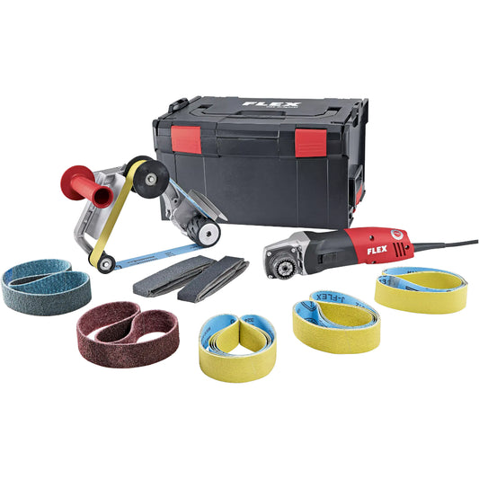FLEX Rohbrandschleifer BRE 14-3 125 Set - Gesamtansicht mit Transportkoffer L-Boxx und Bandsortiment
