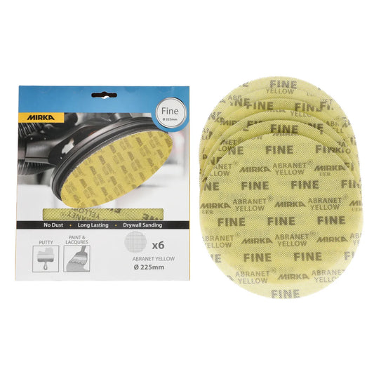 Mirka Abranet Yellow Schleifgitterscheibe Ø 225mm Fine, Packung mit 6 Stück, Lieferumfang und Einzelscheibe sichtbar