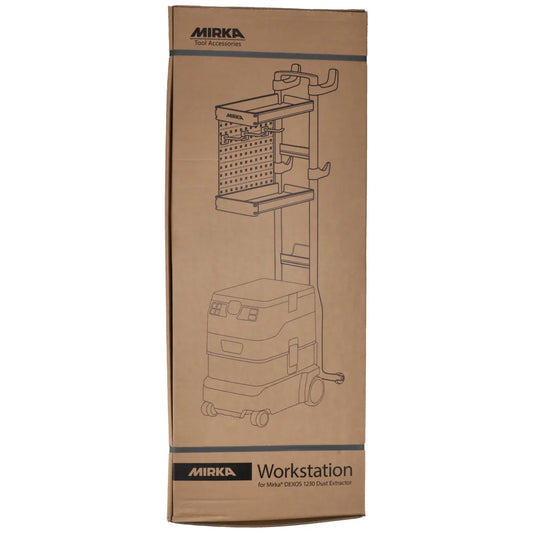 Mirka DEXOS 1230 Workstation Verpackung mit Schleifmittelorganizer und Staubsammler im Lieferumfang