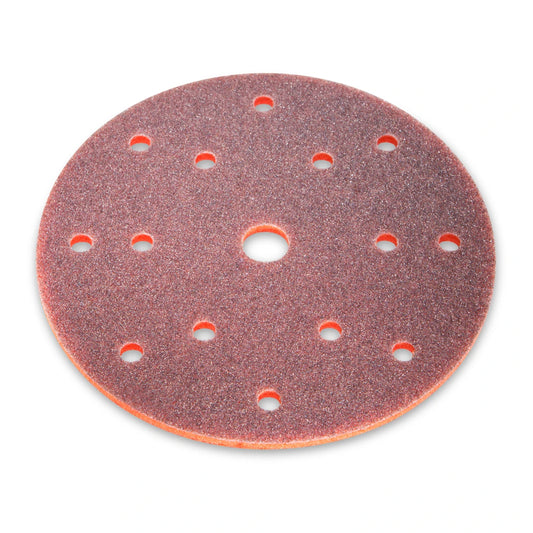 Sia 7979 siasponge flat Schleifscheibe mit Lochung und rotem Schaumstoff-Kern, Draufsicht.