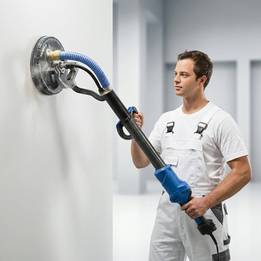 STARCKE AIR GIANT Schleifscheibe 225mm bei Anwendung am Deckenschleifer durch Handwerker in Arbeitskleidung