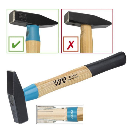 HAZET Schlosserhammer BluGuard 2140 mit Hickorystiel, Stahlschutzhülse und blauem Schutzbund, Gesamtlänge 280mm.